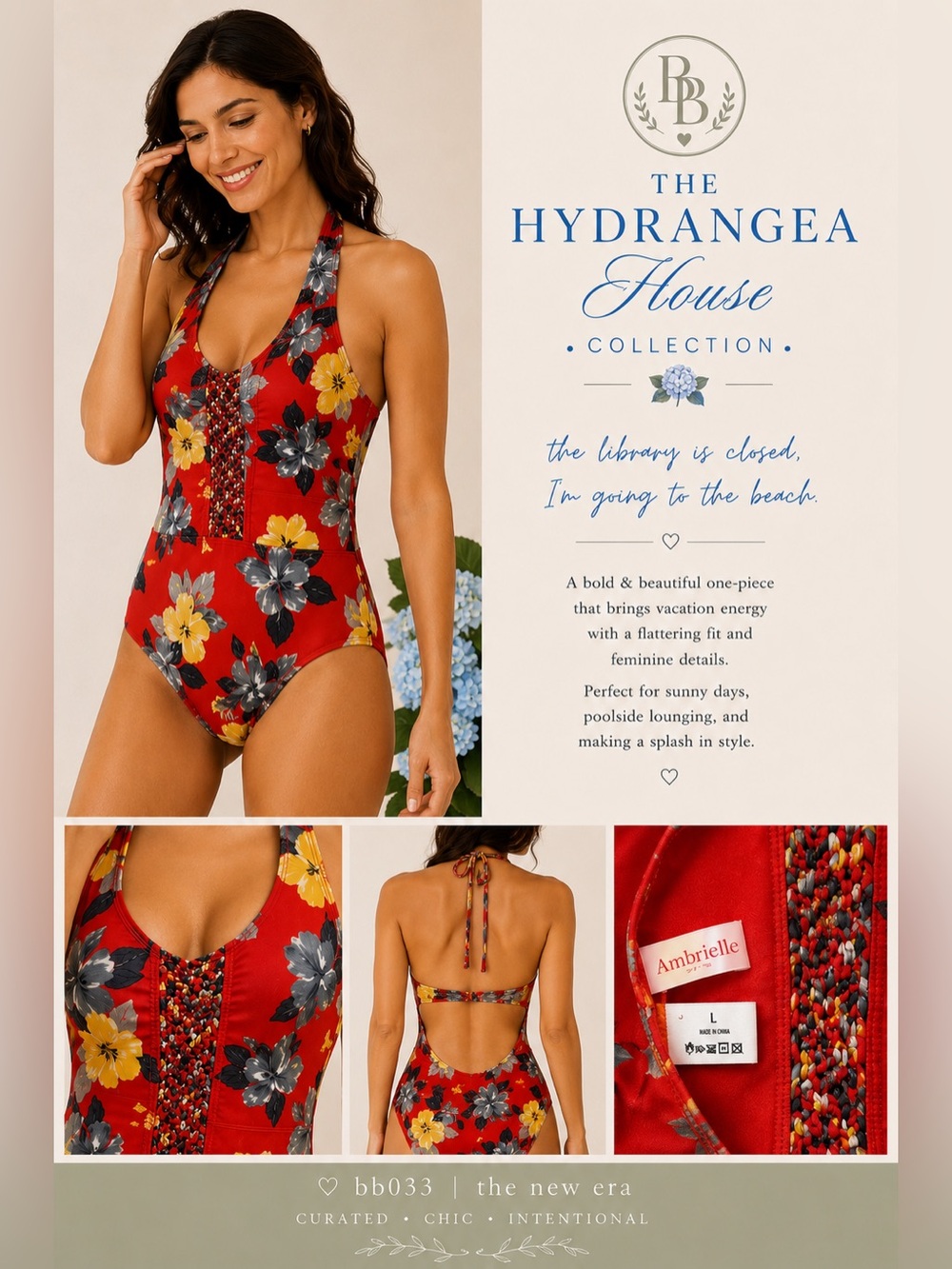 Ambrielle Red Floral Halter One-Piece Swimsuit | Size Large